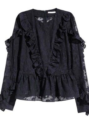 H&M Black Ruffled V-Neck Long Sleeve Blouse